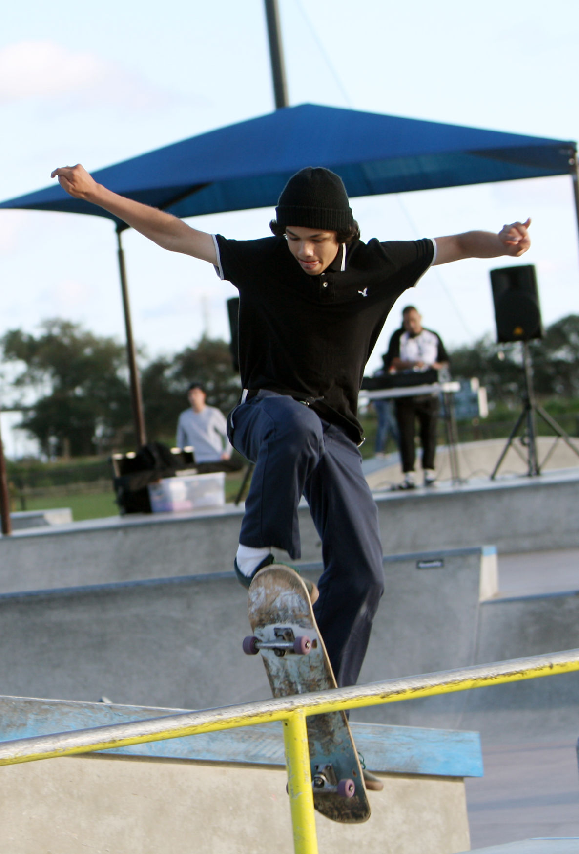 S is skateboarding